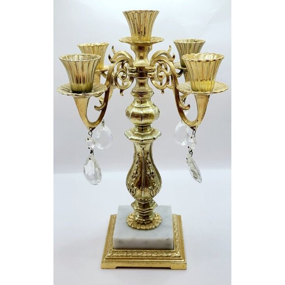 Dilly MFG CO. Other - Vtg Dilly Candelabra 5 Arm Gold 12" Candle Stick Holder Marble Base W/ Crystals
